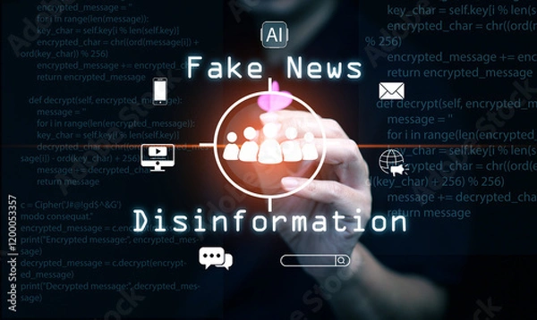 Fototapeta AI, artificial intelligence, and the concept of fake news, misinformation, and disinformation: A man holding a dart, aiming at a people icon, surrounded by related icons 
