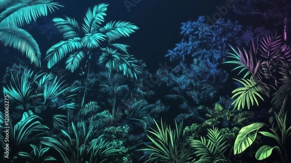 Fototapeta Lush tropical foliage at night, vibrant teal and purple hues.