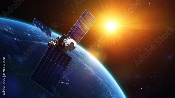 Fototapeta Satellite orbits Earth in the foreground of a stunning sunrise, showcasing the beauty of space and technology in a captivating moment of exploration