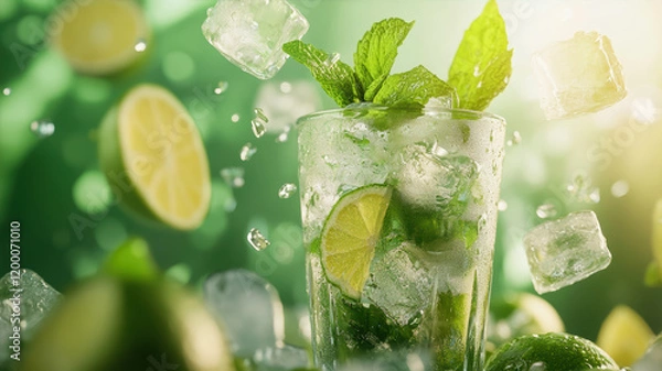 Fototapeta Refreshing Mojito Overflowing With Vibrant Mint and Citrus, Serving as the Perfect Summer Drink at a Sunlit Gathering