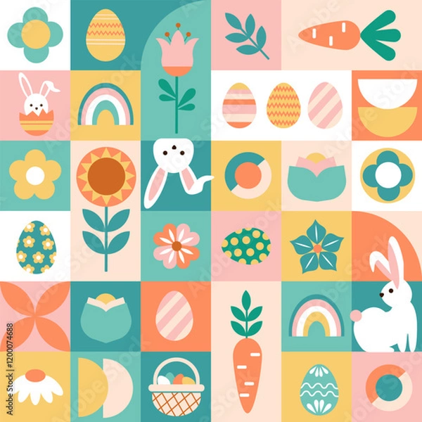 Obraz Colorful Easter geometric seamless pattern. Cute rabbit, flower, and eggs elements.