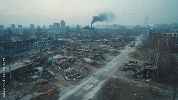 Obraz A bleak and haunting view of a city devastated by a nuclear disaster, background wallpaper AI generated image