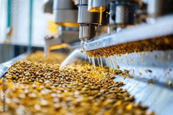 Fototapeta Sunflower seed pressing process using cold press machine to extract high-quality oil in a vibrant processing facility