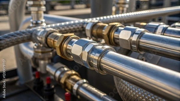 Fototapeta A closeup of intricate piping connections on a highpressure testing rig featuring metallic fittings and rubber seals with sunlight glinting off the polished surfaces.