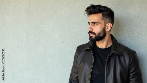 Fototapeta Profile image of a young Lebanese man in a leather jacket, capturing a thoughtful expression against a simple wall