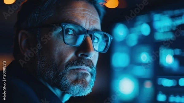 Fototapeta Focused professor analyzing data on digital screen in a modern setting