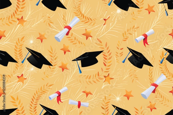 Fototapeta A seamless background pattern featuring a repeating design of graduation caps and scrolls, perfect for educational or celebratory themes.