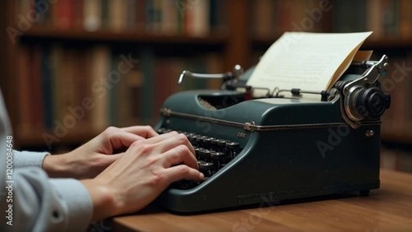 Fototapeta Hands typing on a vintage typewriter in a cozy home library, with an unfinished letter and rows of books