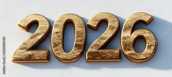 Fototapeta Golden Number 2026 On A Light Background With Long Shadow, Representing Year Twenty Twenty-Six