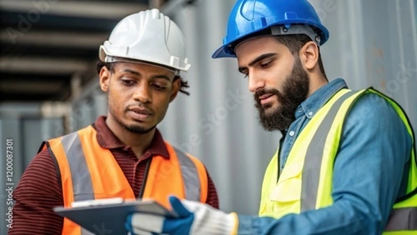 Fototapeta A medium closeup of two workers collaborating