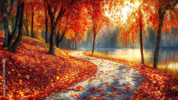 Obraz Autumn Pathway by a Serene Lake