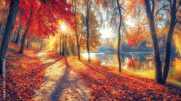 Obraz Autumnal Path by a Serene Lake