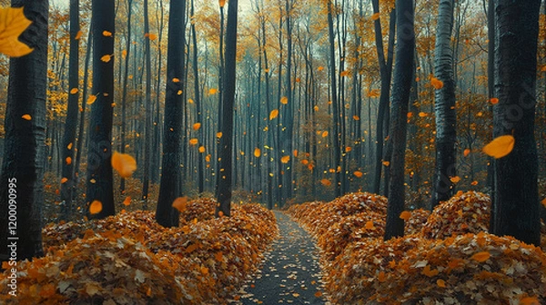 Obraz Autumnal Forest Path with Falling Leaves