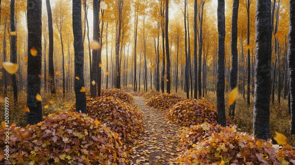 Obraz Autumnal Forest Path Covered in Falling Leaves