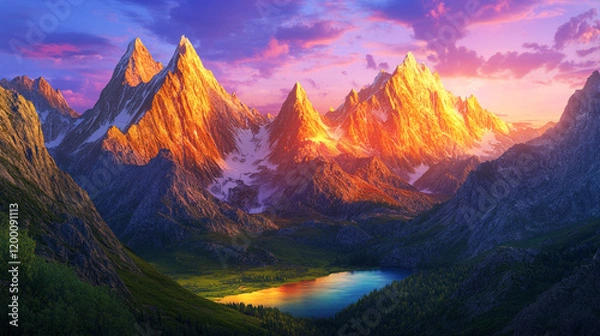 Fototapeta Majestic Mountain Range at Sunrise, Reflecting in a Serene Lake