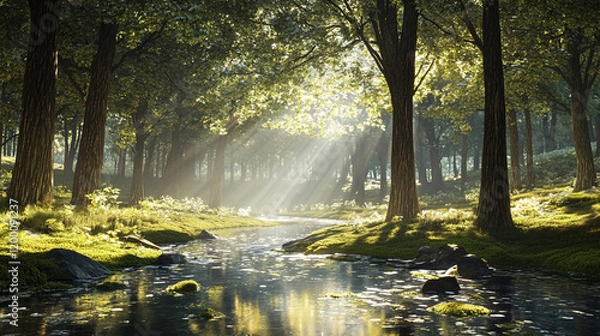 Obraz Serene Forest Stream, Sunlight Filtering Through Trees