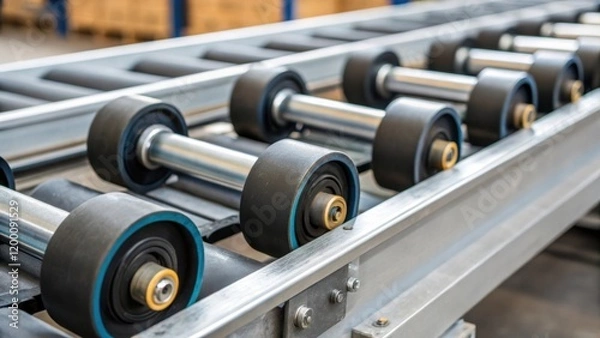 Fototapeta Closeup of conveyor rollers being installed revealing the intricate engineering and robust materials used to ensure smooth operation.