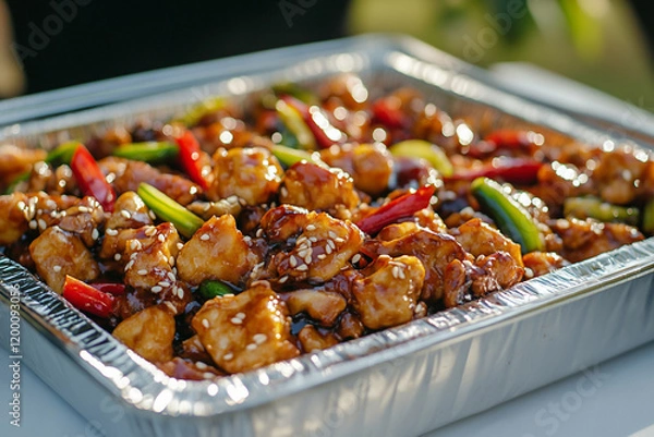 Fototapeta Catering  aluminum tray of sesame chicken with peppers, onions, and a glossy glaze