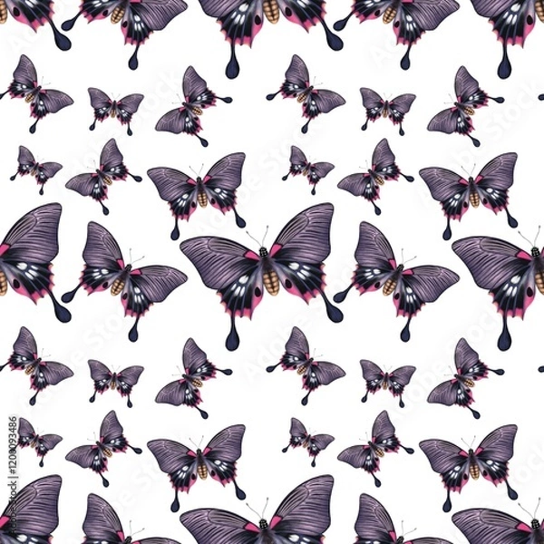 Fototapeta Semi realistic Seamless pattern of different butterfly. Hand-drawn pattern insects, isolated on white background. Spring, summer, autum season concept, Easter, nature.