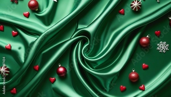Fototapeta "Green Silk Satin Velvet with Wavy Soft Folds, Creating a Beautiful, Smooth, and Elegant Texture that Evokes a Sense of Luxury, Softness, and Refined Sophistication"

