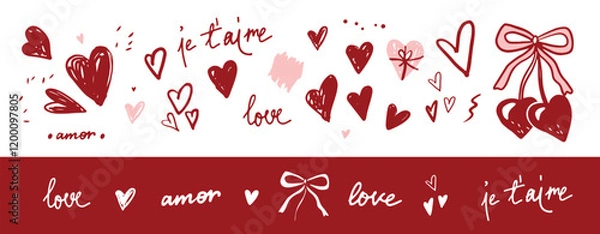 Fototapeta Modern, vector illustration. Hand-drawn red and pink hearts, love in multiple languages, bows, and cute elements. Decorative elements set for Valentine's Day cards, posters, romantic designs, patterns