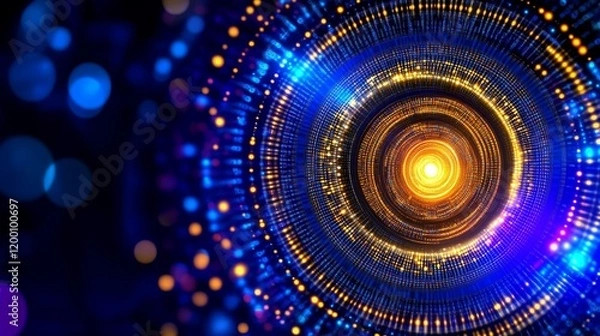Obraz Abstract Digital Vortex Tunnel - A swirling vortex of vibrant blue and gold light creates a mesmerizing digital tunnel effect. Perfect for technology, science, and futuristic themes.