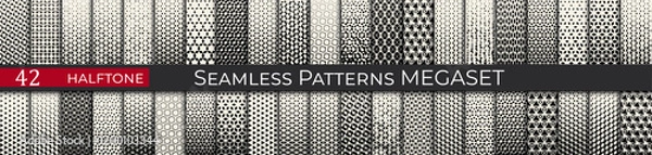 Fototapeta This seamless halftone pattern set includes 42 geometric black-and-white designs, ideal for modern and retro projects.