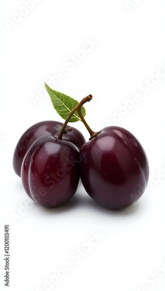 Obraz three ripe red plums with a green leaf