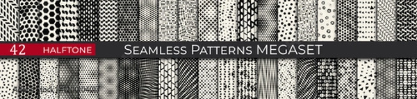 Fototapeta This seamless halftone pattern set includes 42 geometric black-and-white designs, ideal for modern and retro projects.
