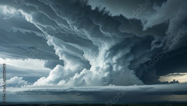 Fototapeta "Heavy Gray Storm Clouds and Gloomy Skies with Dark Teal Thunderclouds, Creating an Intense and Ominous Atmosphere of Impending Storms and Dramatic Weather Conditions"

