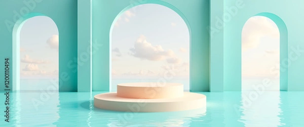Fototapeta two-tiered cylindrical platform in a turquoise pool with arched openings and a seascape view