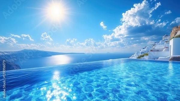 Fototapeta Stunning infinity pool view overlooking the serene waters of Santorini during a bright sunny day