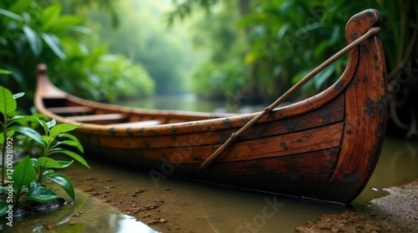 Fototapeta A weathered wooden canoe rests gently in a calm, jungle stream. Lush green foliage surrounds the serene scene, casting a tranquil mood.
