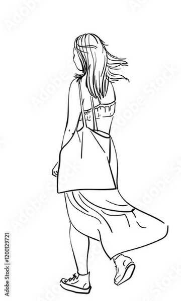 Fototapeta Hand drawn illustration of a walking girl in summer clothes, Long skirt and long hair fluttering in the wind, With a bag on her shoulder, Vector sketch, View from back