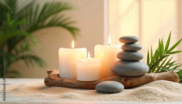 Obraz Tranquil spa scene with lit candles and smooth stones on sand