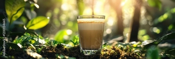 Obraz A glass of coffee latte in the forest, surrounded by green plants and trees, with sunlight shining through them