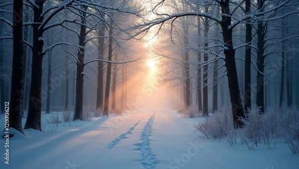 Fototapeta Sunlit Path through the Snowy Forest