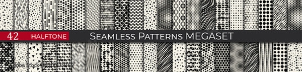 Fototapeta This seamless halftone pattern set includes 42 geometric black-and-white designs, ideal for modern and retro projects.