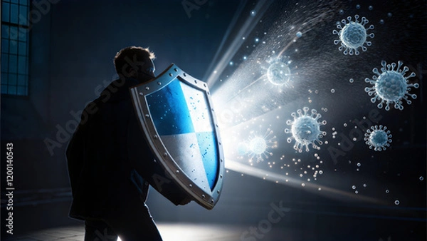Fototapeta Man holding a glowing shield blocking virus particles in futuristic digital immunity concept