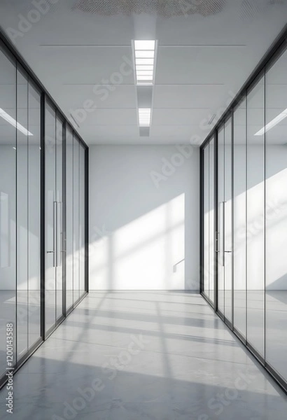 Fototapeta Modern Office Corridor With Glass Partitions And Sunlight