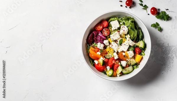 Fototapeta Fresh Greek Salad with Feta Cheese and Vibrant Vegetables in a White Bowl on White Background