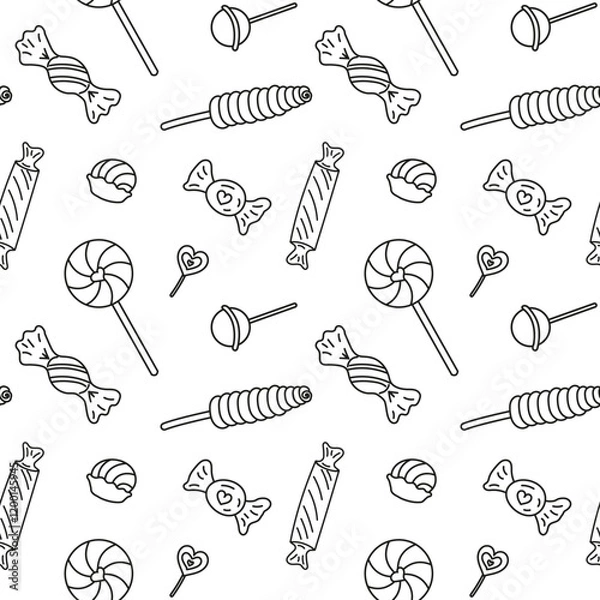 Fototapeta Sweets different candies doodle Seamless pattern with caramel on stick, wrapped candies, lollipop. Vector patterns endless. Black line sample pattern for wallpaper, fabric, packaging, background.