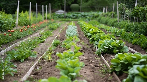 Fototapeta A charming vegetable garden with neat rows of growing produce.