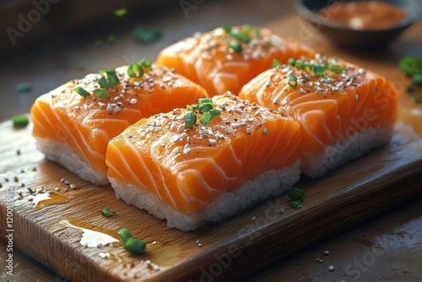Fototapeta Sushi featuring salmon on a wooden board with garnishes and sauce