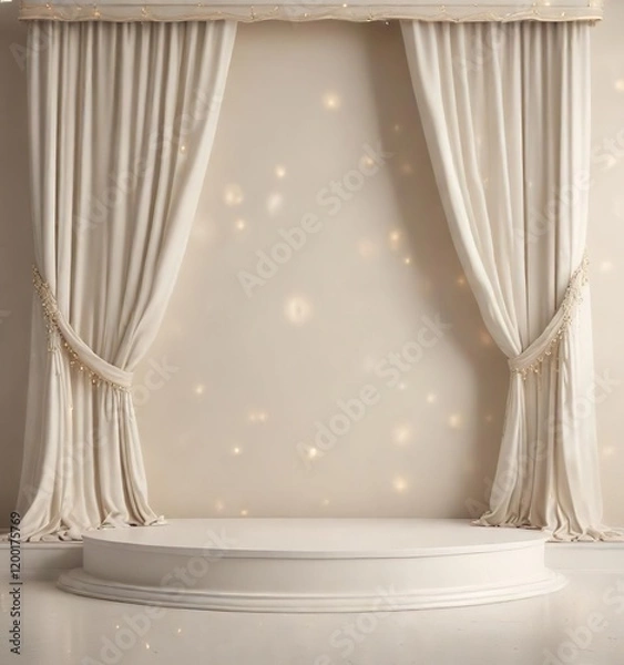 Fototapeta White podium with elegant curtains and sparkling lights on cream background, lights, sparkling, elegant