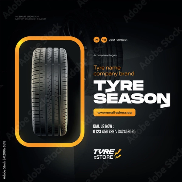 Fototapeta Tire shop, spare parts and auto service discount promotion design. Editable graphic layout. Black Friday sale. Tire shop vector banner of car wheel tyres with tread track price offer. 