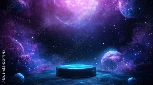 Fototapeta Futuristic podium illuminating vibrant galaxy background for product placement