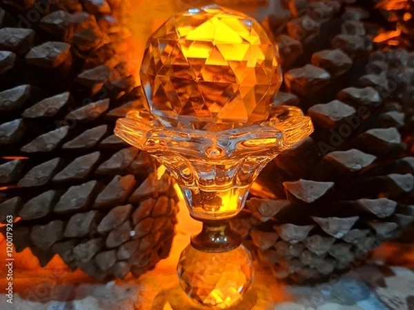 Obraz Crystal ball on a background of fire, pine cones nearby