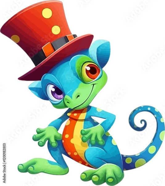 Fototapeta A charming vector cartoon-style chameleon wearing a bright red top hat. Its playful expression and vibrant green color make it a perfect design for prints, cards, and tropical-themed decor.