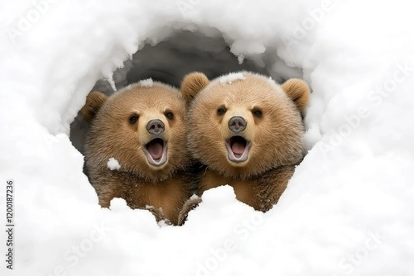 Obraz Two playful bear cubs peeking out of their snowy den with curious expressions, surrounded by a pristine winter setting